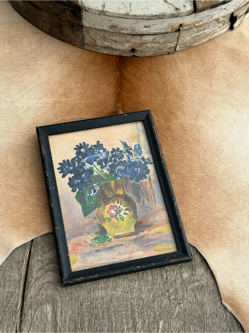 Vintage Blue Floral Vase Art Painting in Black Rustic Frame - Brand